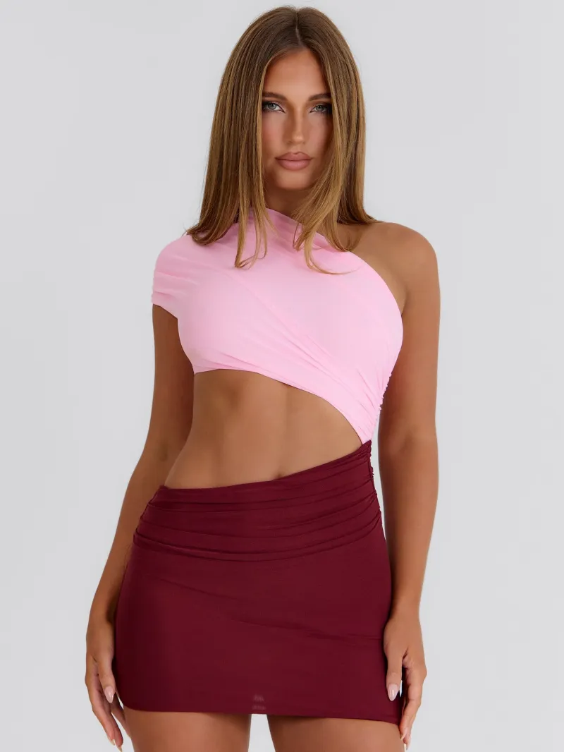 PINK BURGUNDY CUTOUT ASYMMETRIC MINI DRESS - Image 3