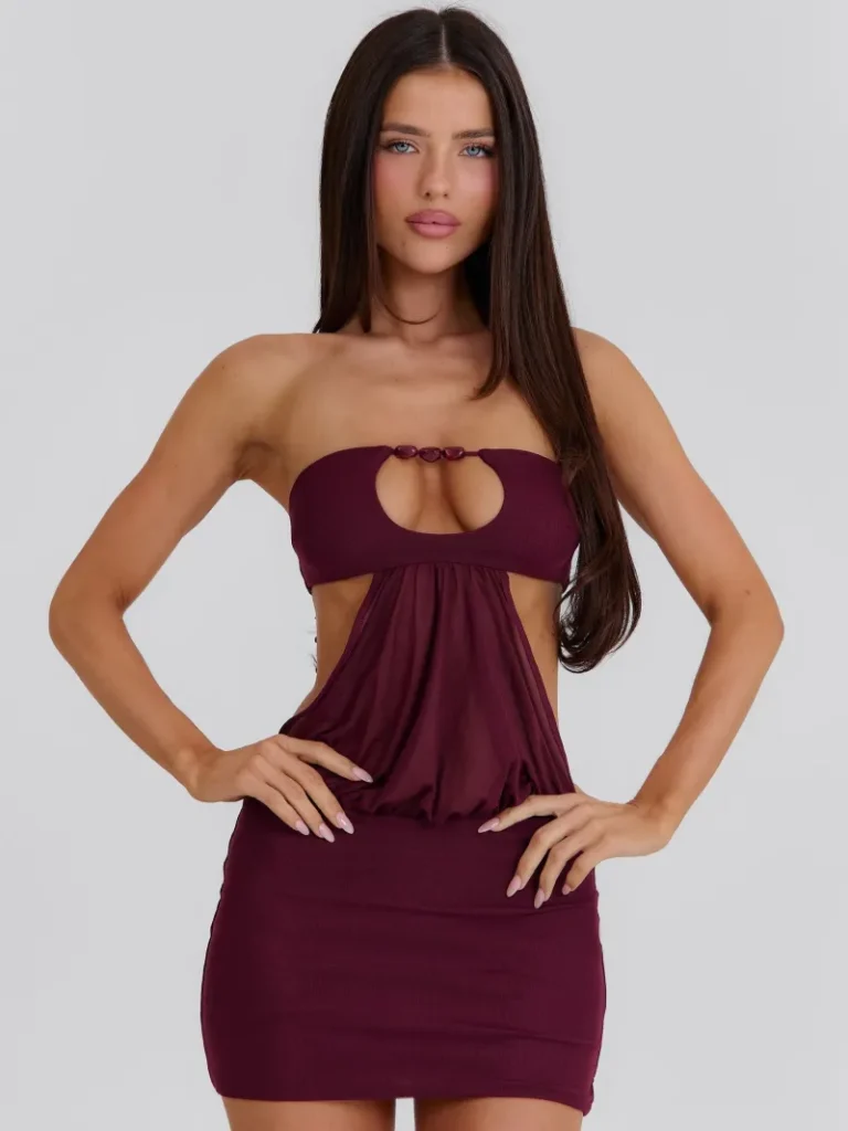 WINE CUTOUT STRAPLESS MINI DRESS