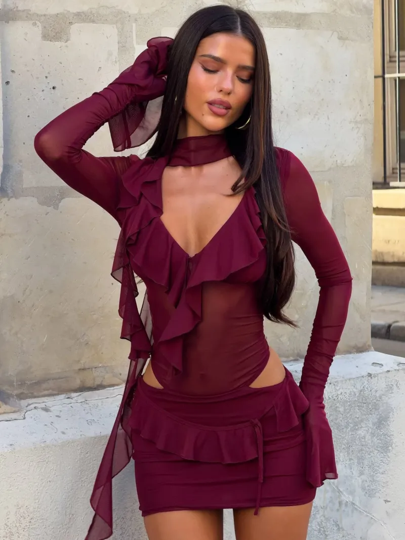 BURGUNDY PLUNGE LONG SLEEVE MINI DRESS - Image 2
