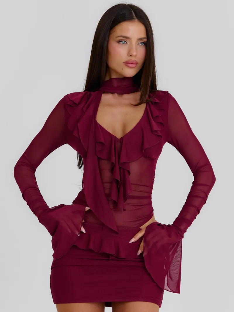 BURGUNDY PLUNGE LONG SLEEVE MINI DRESS - Image 4