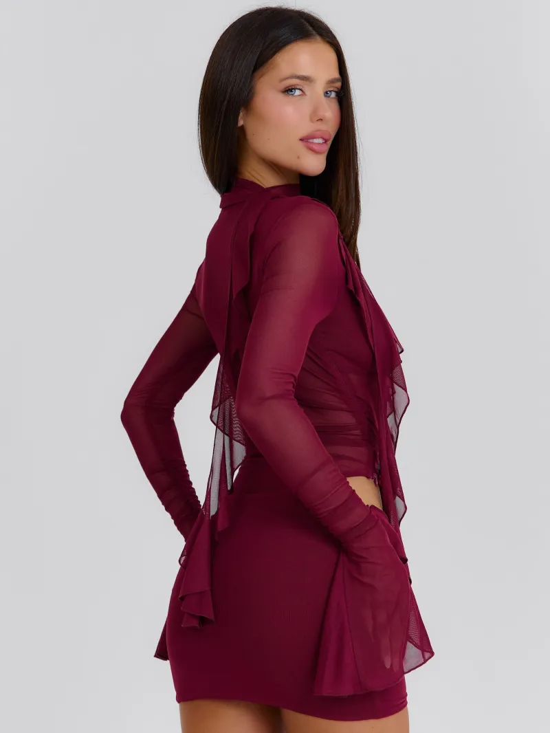 BURGUNDY PLUNGE LONG SLEEVE MINI DRESS - Image 5