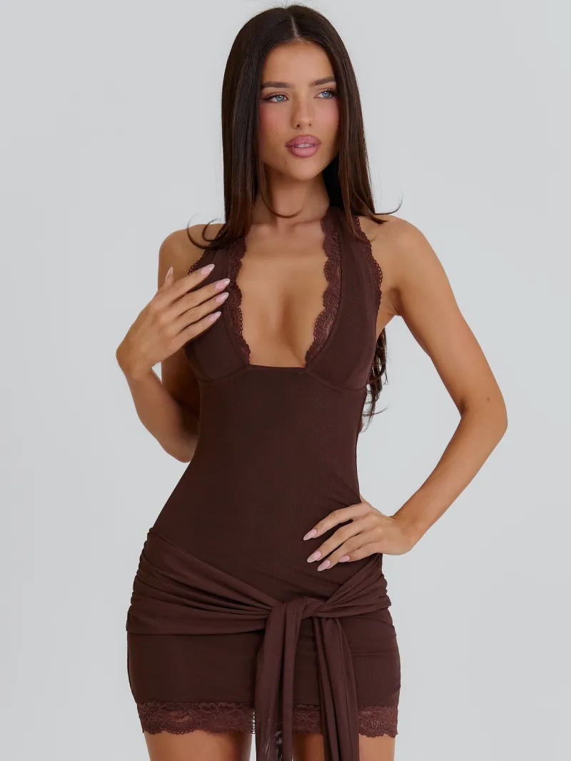 BROWN HALTER PLUNGE MINI DRESS - Image 3