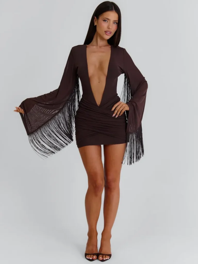 CHOCOLATE BROWN PLUNGE GATHERED MINI DRESS