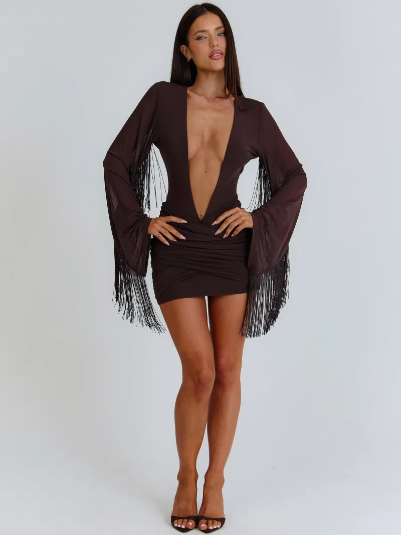 CHOCOLATE BROWN PLUNGE GATHERED MINI DRESS - Image 5