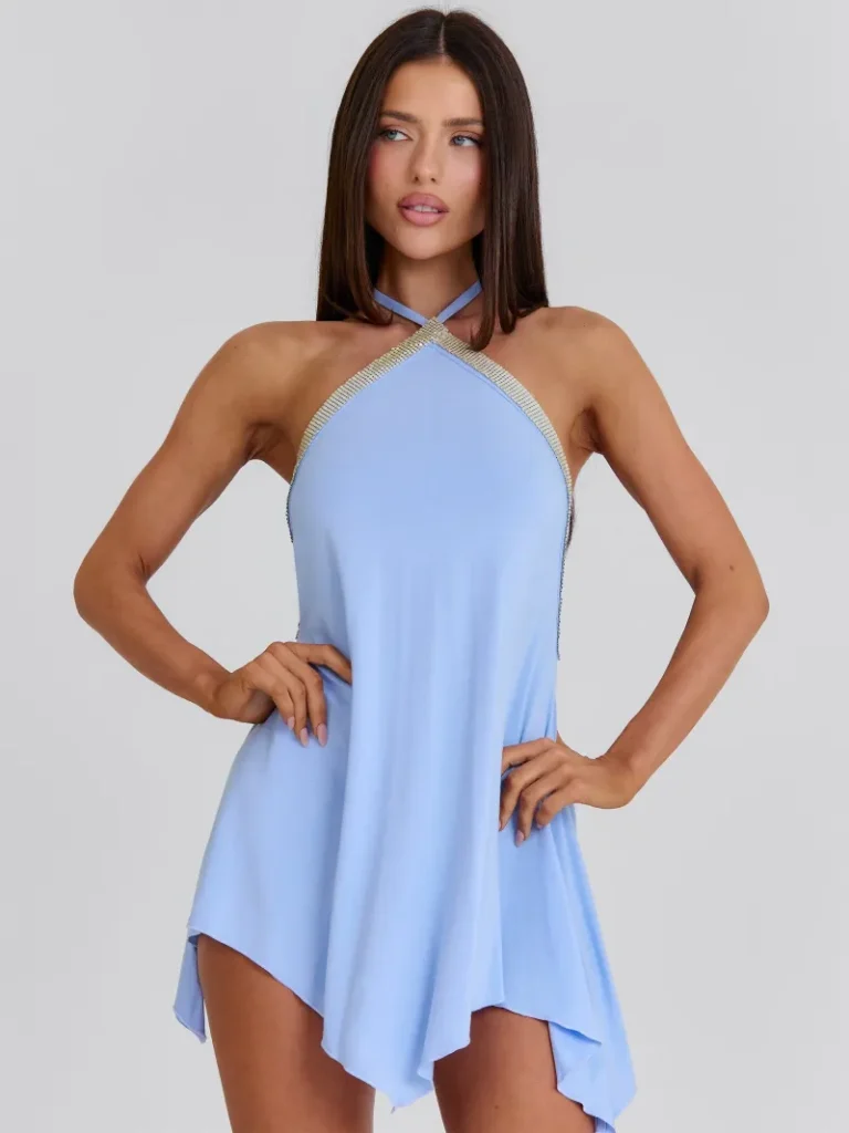 BLUE OPEN BACK HALTER MINI DRESS