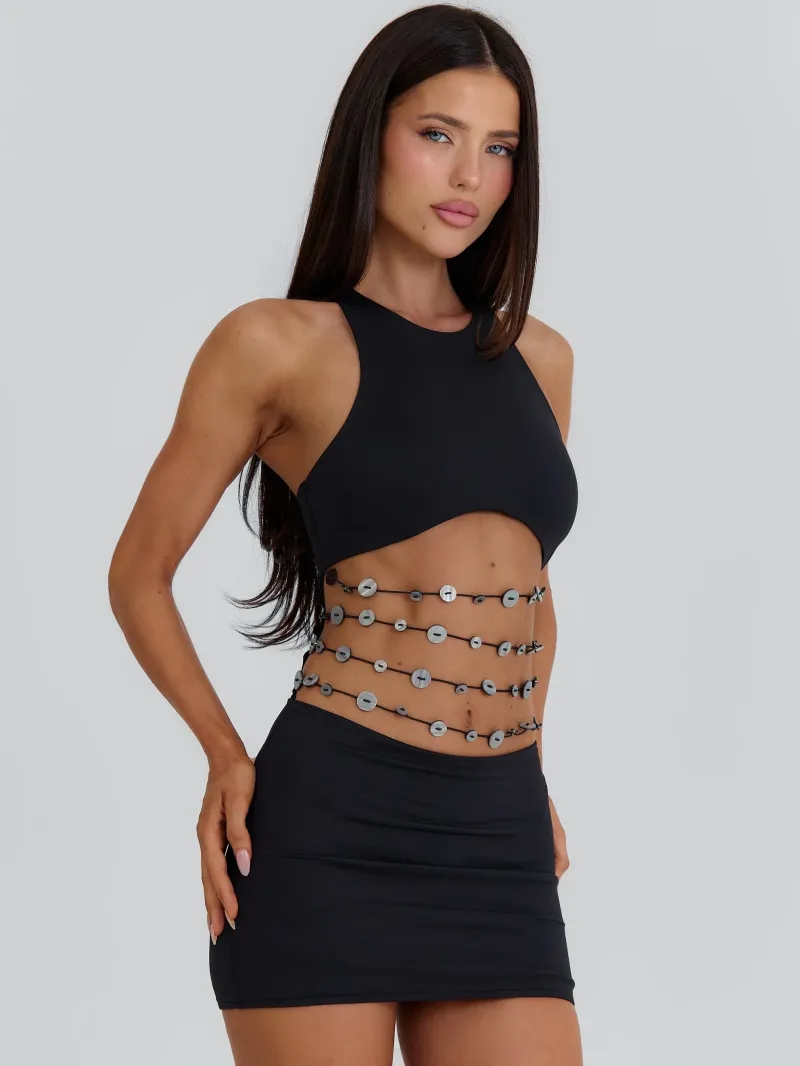 BLACK CUTOUT BEADED MINI DRESS