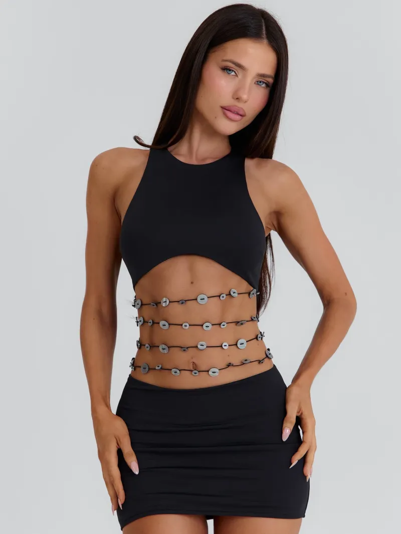 BLACK CUTOUT BEADED MINI DRESS - Image 5