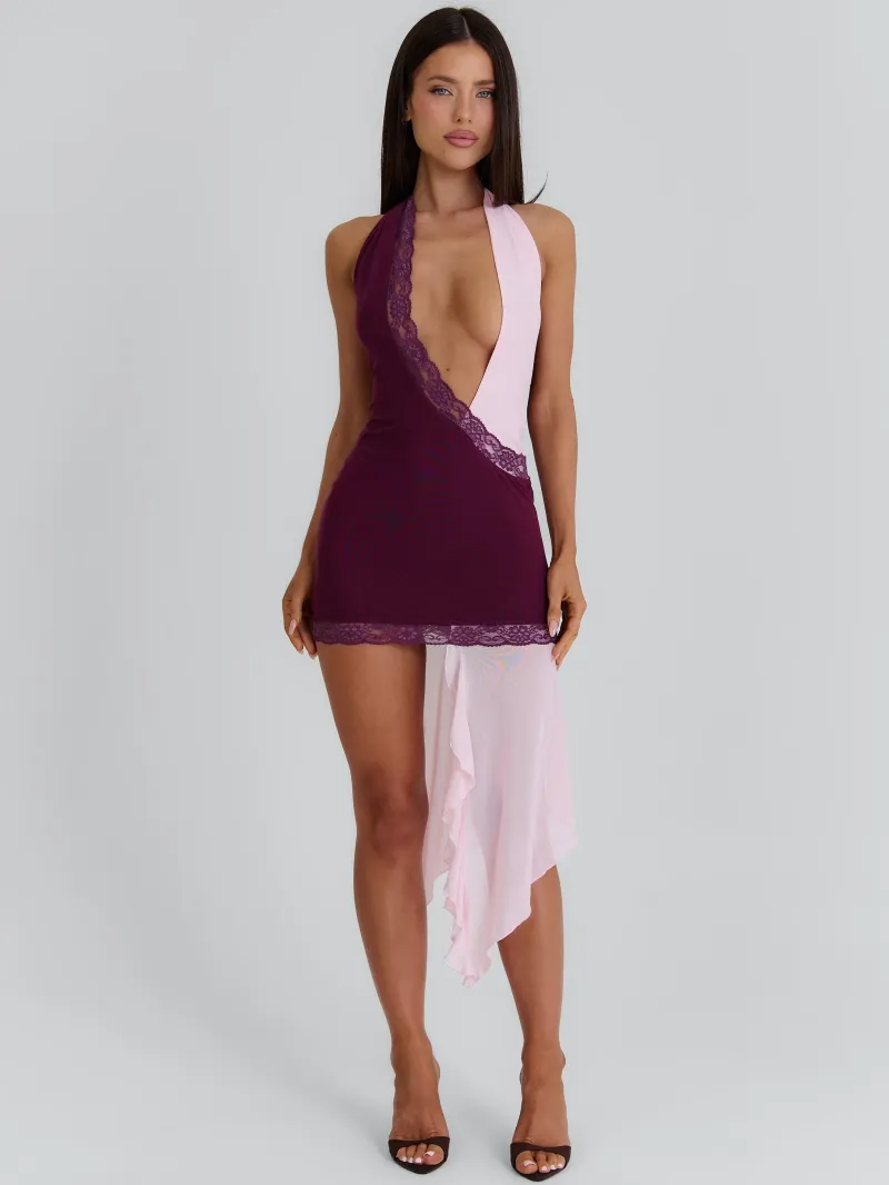 BURGUNDY HALTER PLUNGE MINI DRESS - Image 2