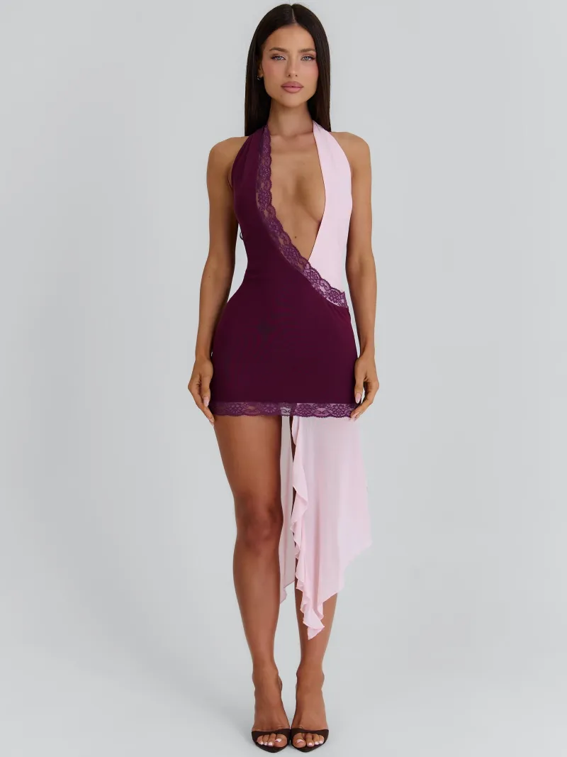 BURGUNDY HALTER PLUNGE MINI DRESS - Image 3