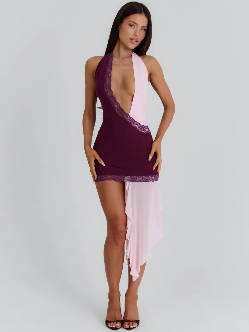 BURGUNDY HALTER PLUNGE MINI DRESS - Image 4
