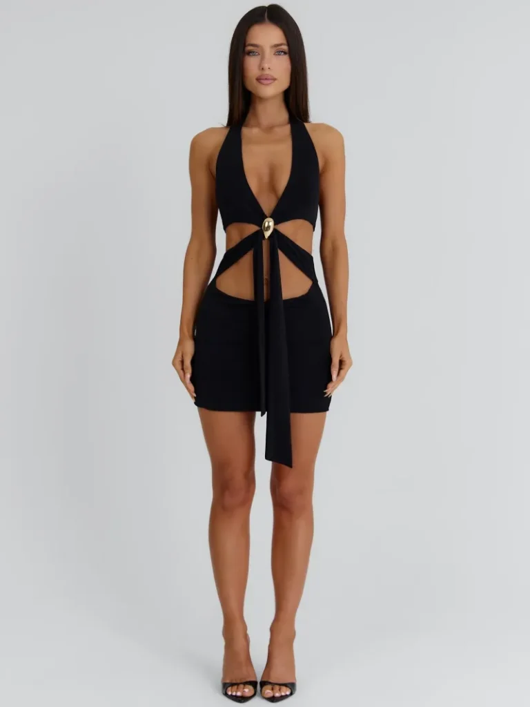 BLACK CUTOUT HALTER PLUNGE MINI DRESS