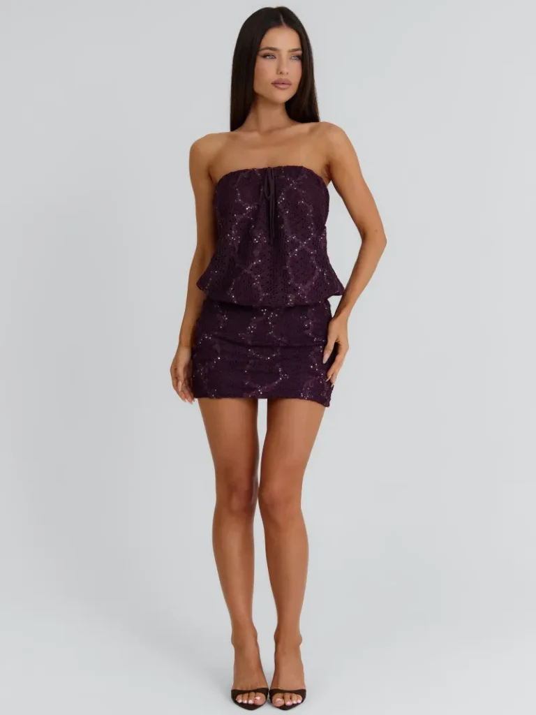 PLUM STRAPLESS TIE DETAIL MINI DRESS
