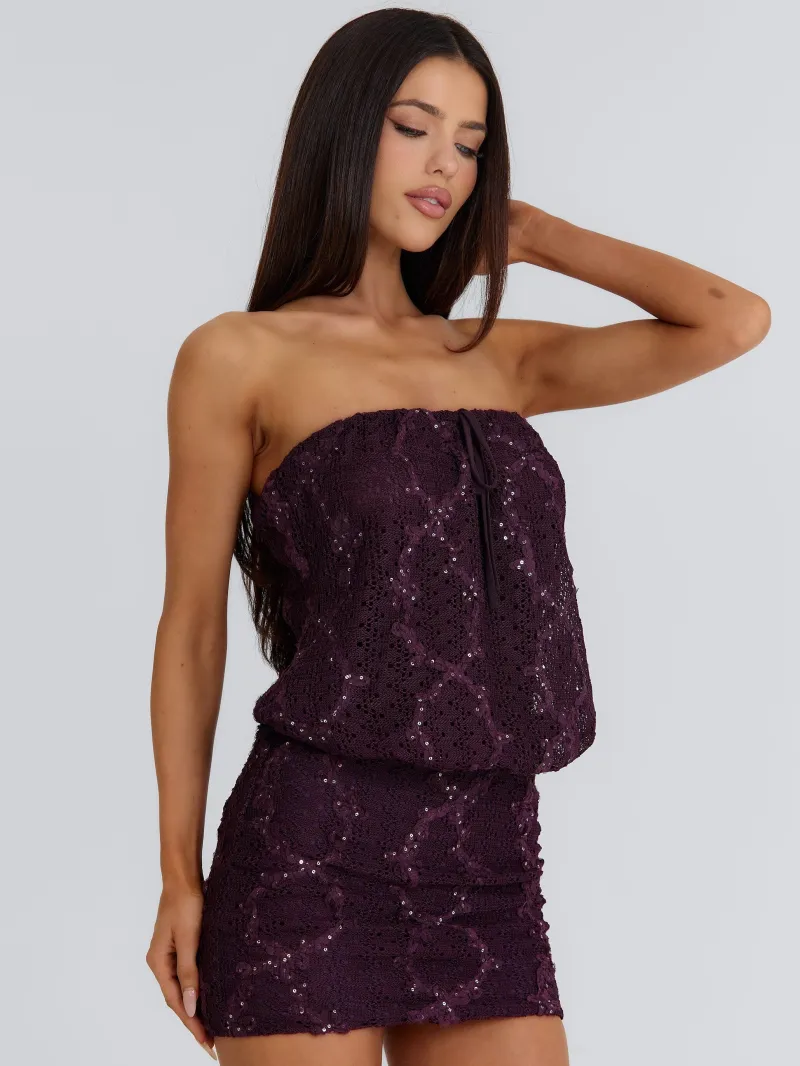 PLUM STRAPLESS TIE DETAIL MINI DRESS - Image 2