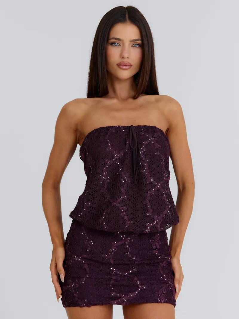 PLUM STRAPLESS TIE DETAIL MINI DRESS - Image 4