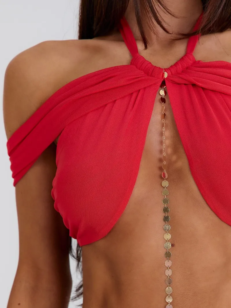 RED HALTER RUCHED MINI DRESS - Image 5