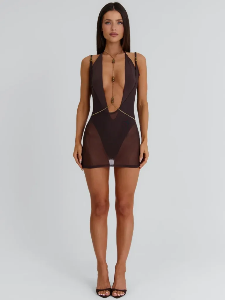 TWO PIECE BROWN PLUNGE BEADED MINI DRESS