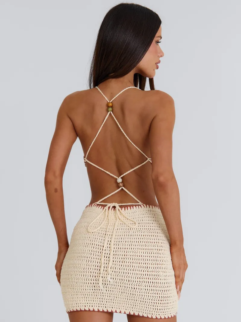 CREAM CUTOUT BEADED MINI DRESS - Image 3