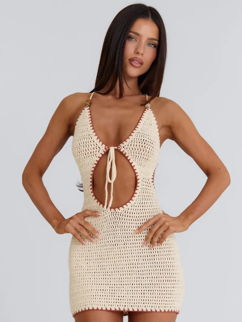 CREAM CUTOUT BEADED MINI DRESS - Image 5