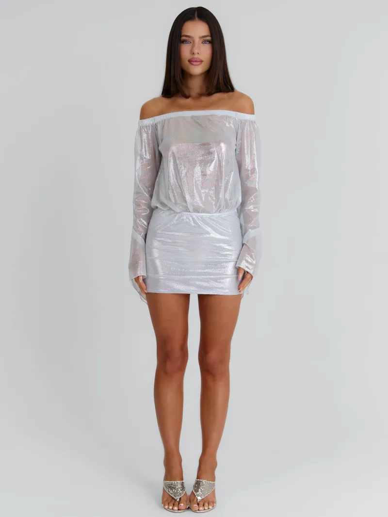 SILVER BANDEAU LONG SLEEVE MINI DRESS - Image 5