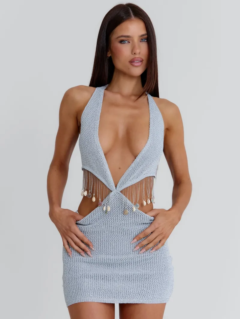 SILVER CUTOUT HALTER MINI DRESS - Image 5