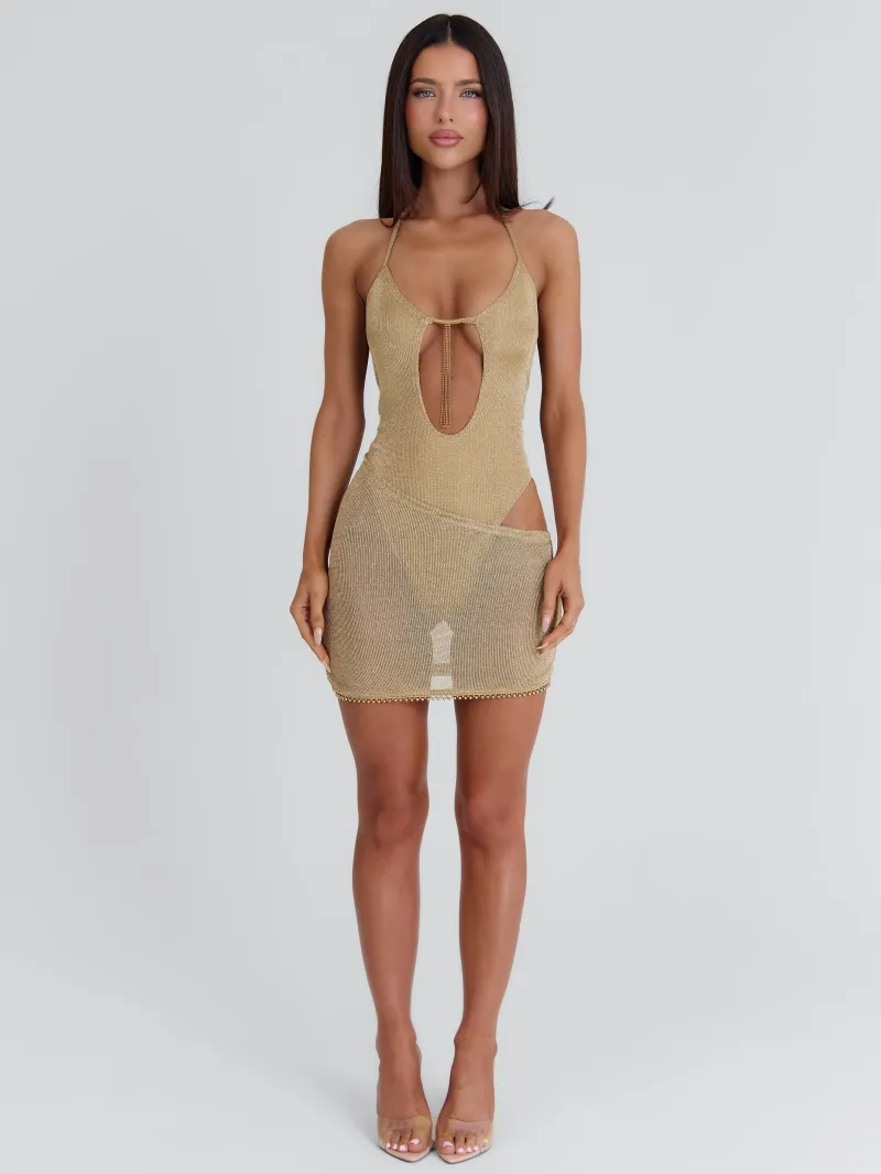 GOLD CUTOUT HALTER MINI DRESS - Image 5