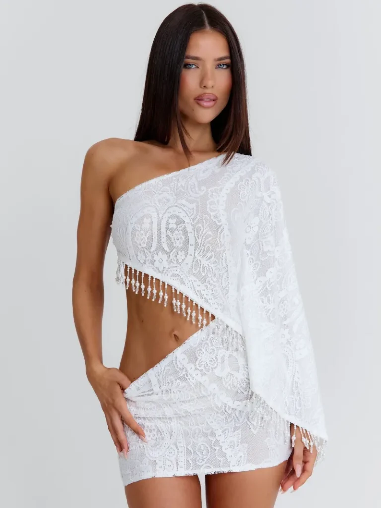 WHITE CUTOUT FRINGE MINI DRESS