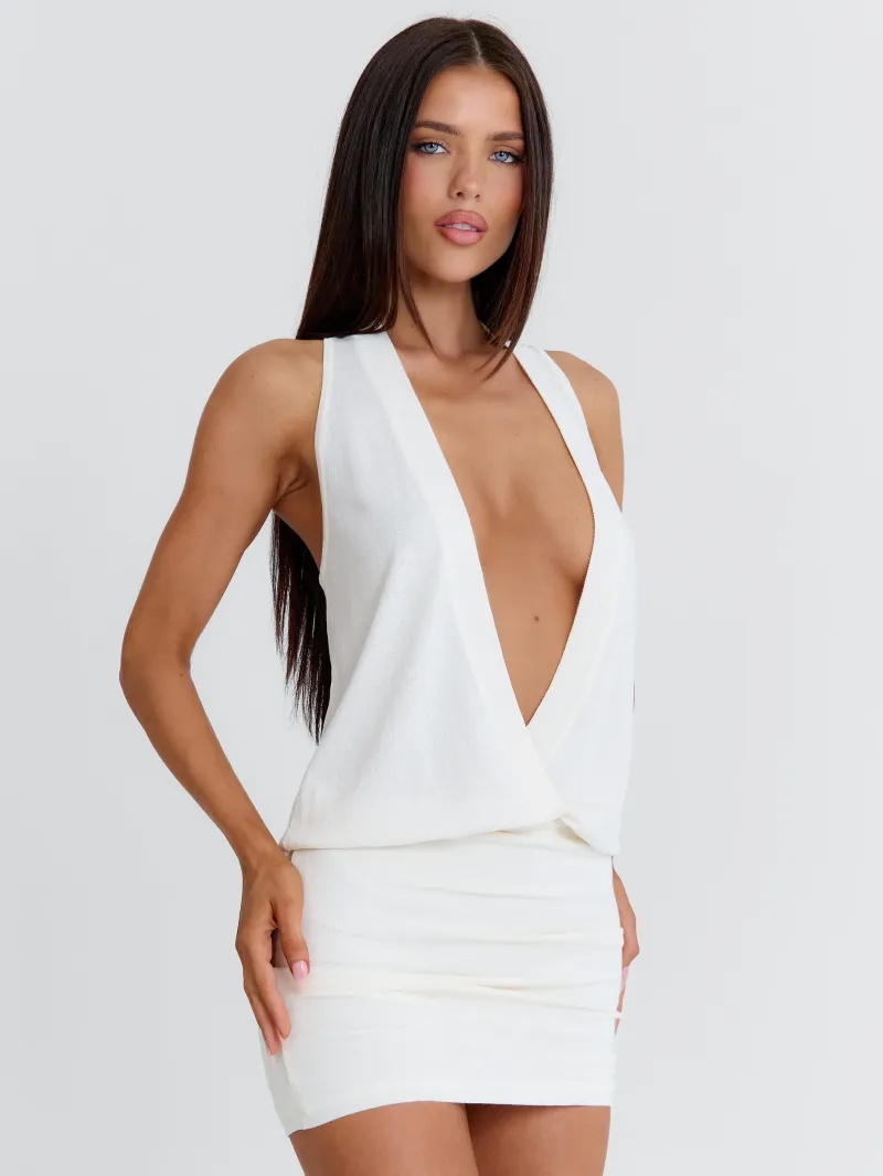 CREAM PLUNGE TIE DETAIL MINI DRESS - Image 4