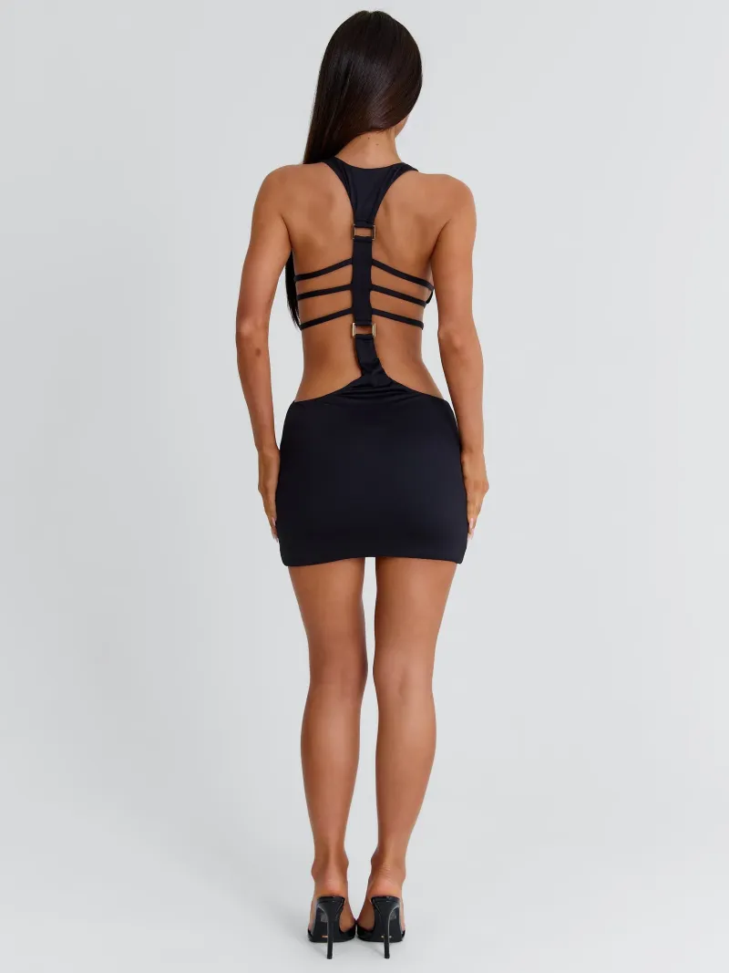 BLACK CUTOUT HARDWARE TIE DETAIL MINI DRESS - Image 5