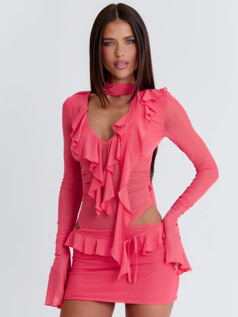 CORAL PLUNGE LONG SLEEVE MINI DRESS - Image 5