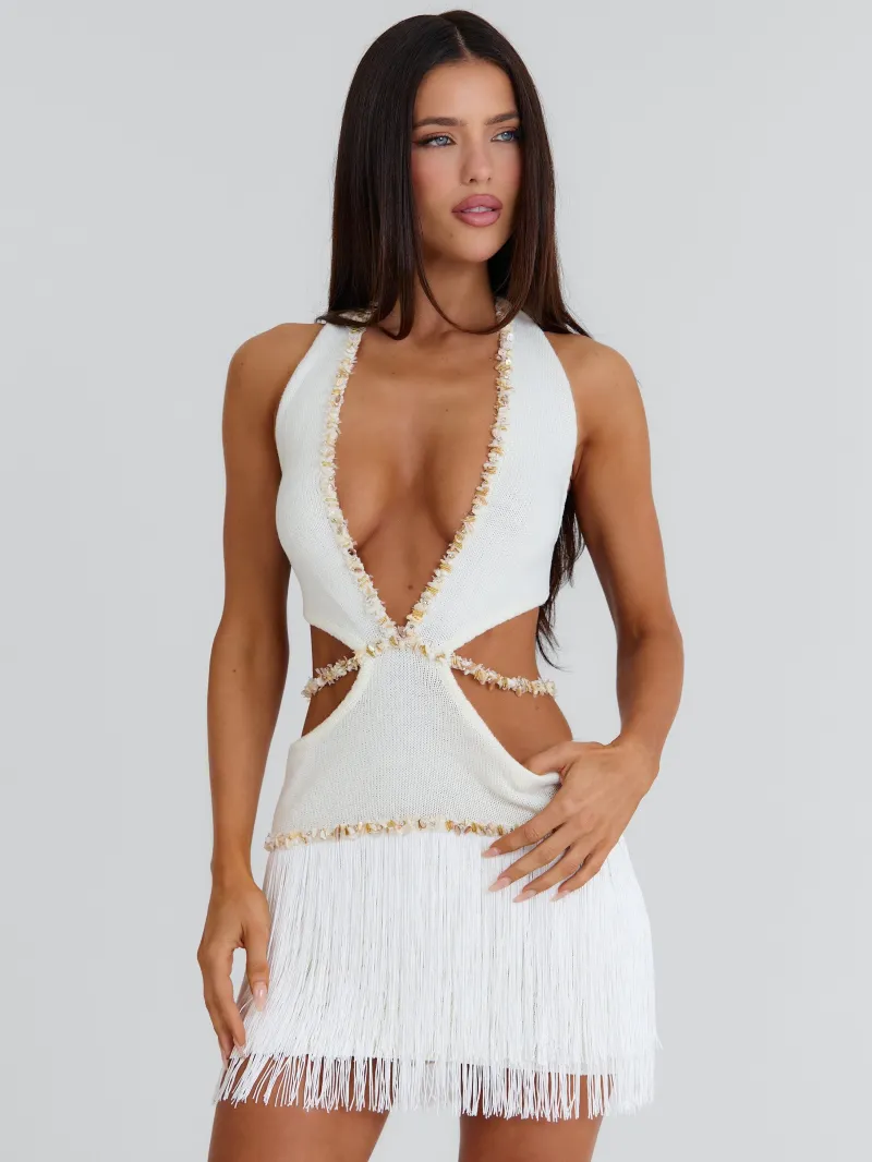 IVORY CUTOUT HALTER PLUNGE MINI DRESS