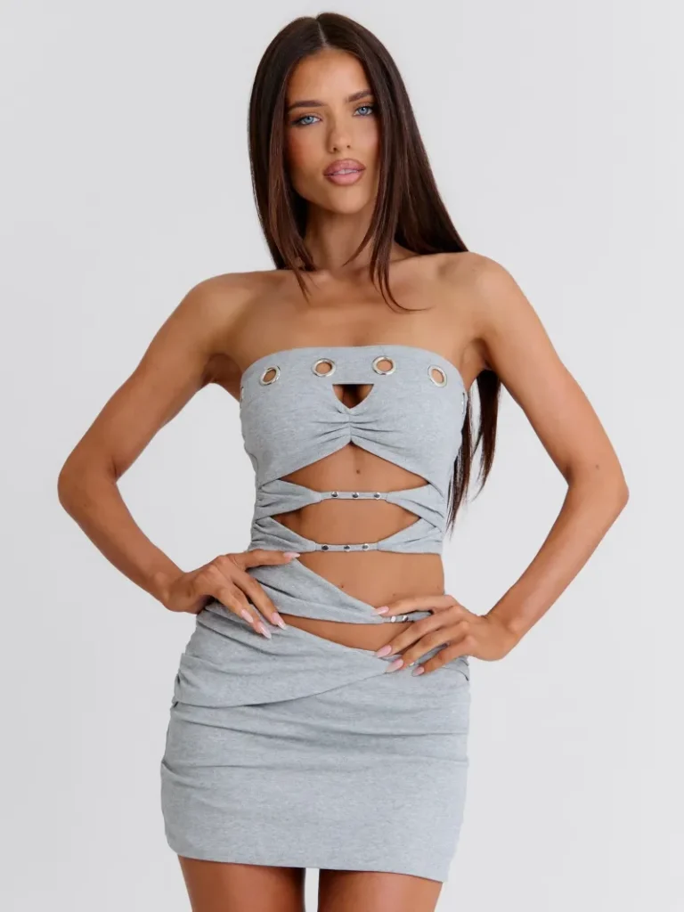 GREY CUTOUT STRAPLESS MINI DRESS