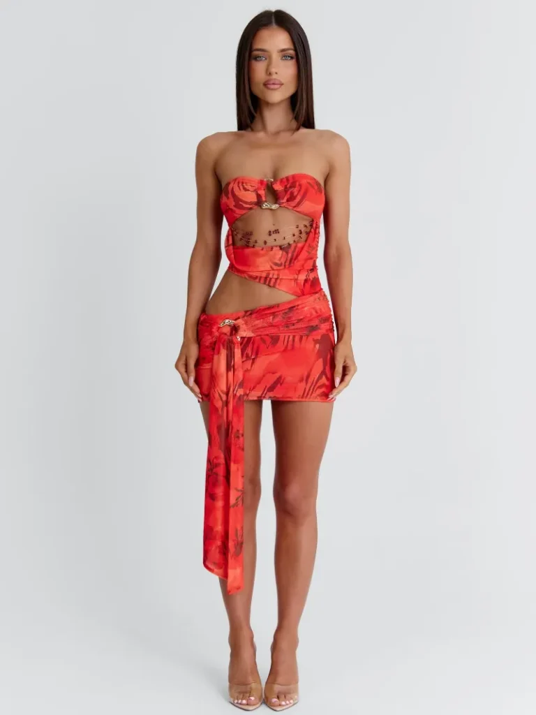 SCARLET CUTOUT DRAPED MINI DRESS