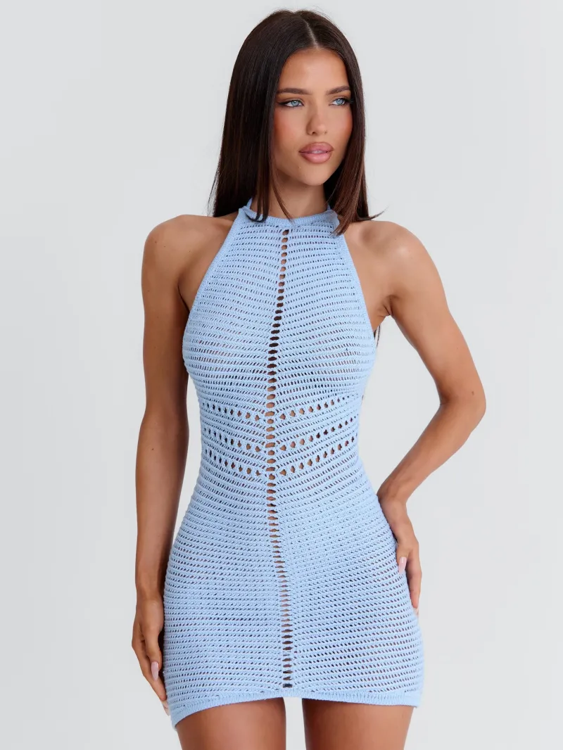 LIGHT BLUE BACKLESS HALTER MINI DRESS - Image 4