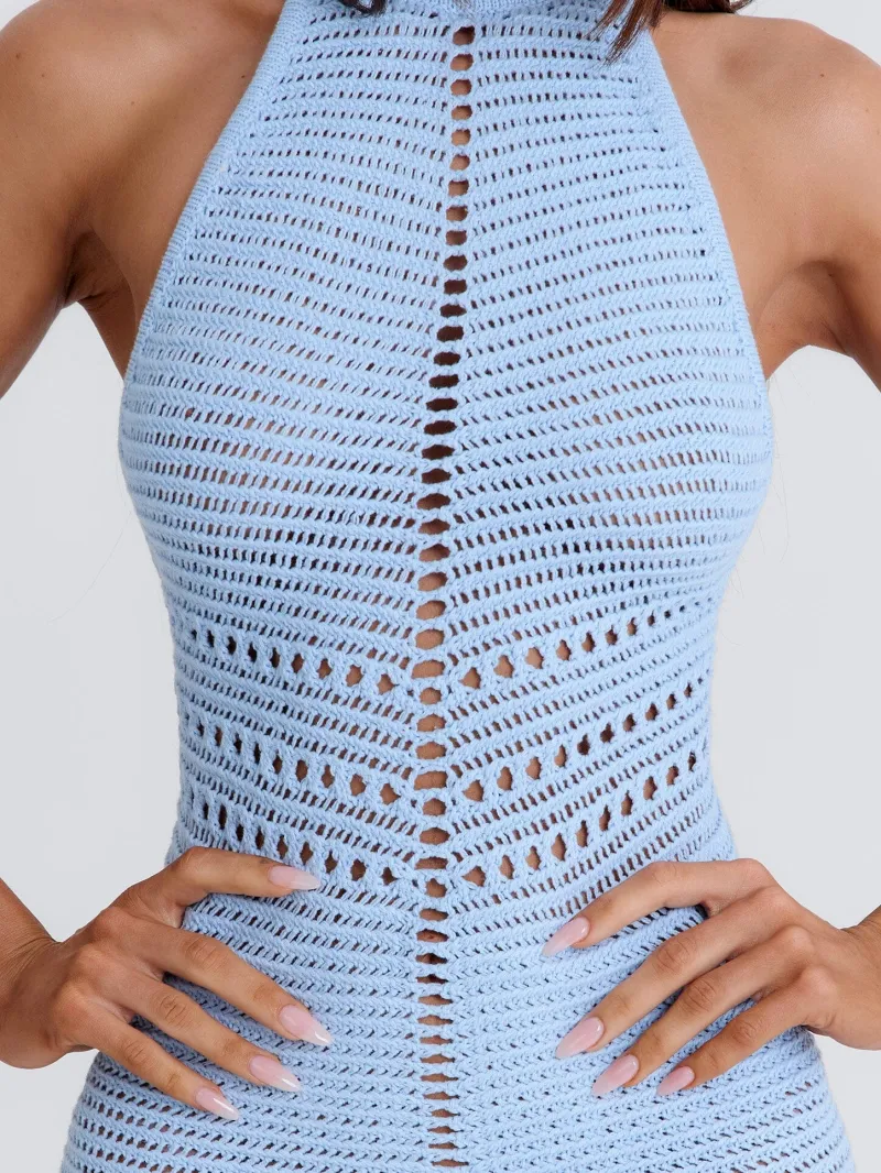 LIGHT BLUE BACKLESS HALTER MINI DRESS - Image 5