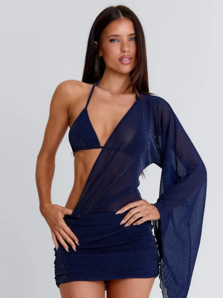 NAVY ASYMMETRIC GATHERED MINI DRESS
