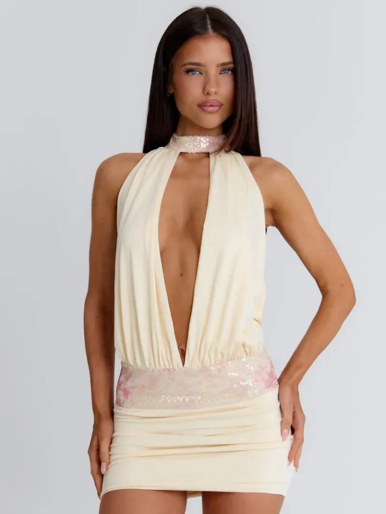 CREAM HALTER PLUNGE MINI DRESS