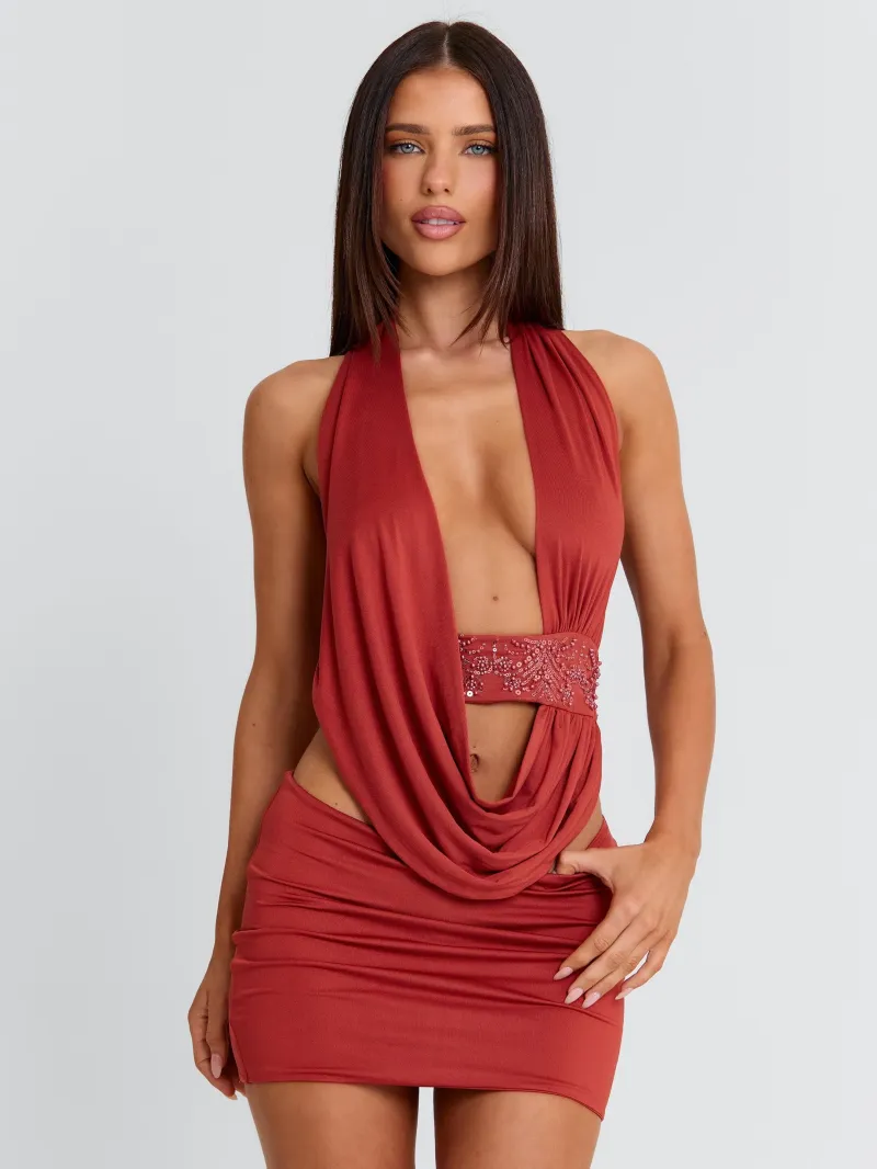 ORANGE OPEN BACK HALTER MINI DRESS - Image 3