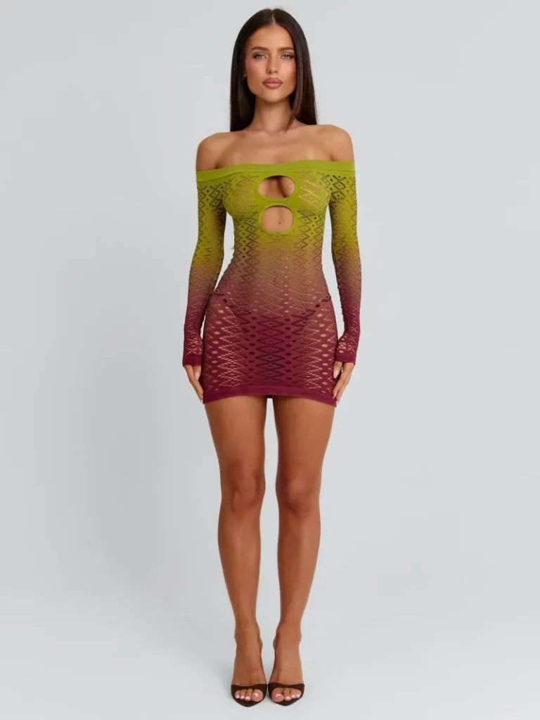 GREEN BURGUNDY CUTOUT SHEER MINI DRESS