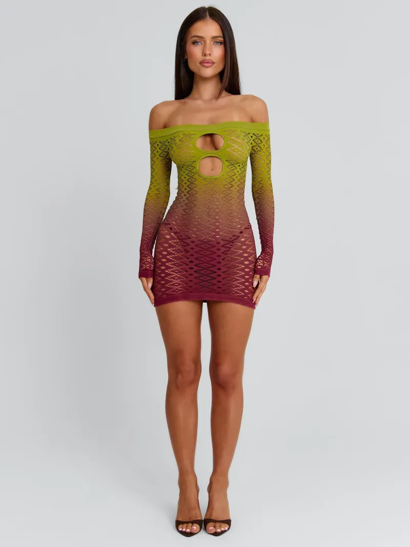GREEN BURGUNDY CUTOUT SHEER MINI DRESS