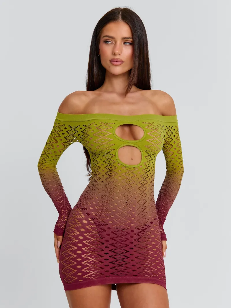 GREEN BURGUNDY CUTOUT SHEER MINI DRESS - Image 3