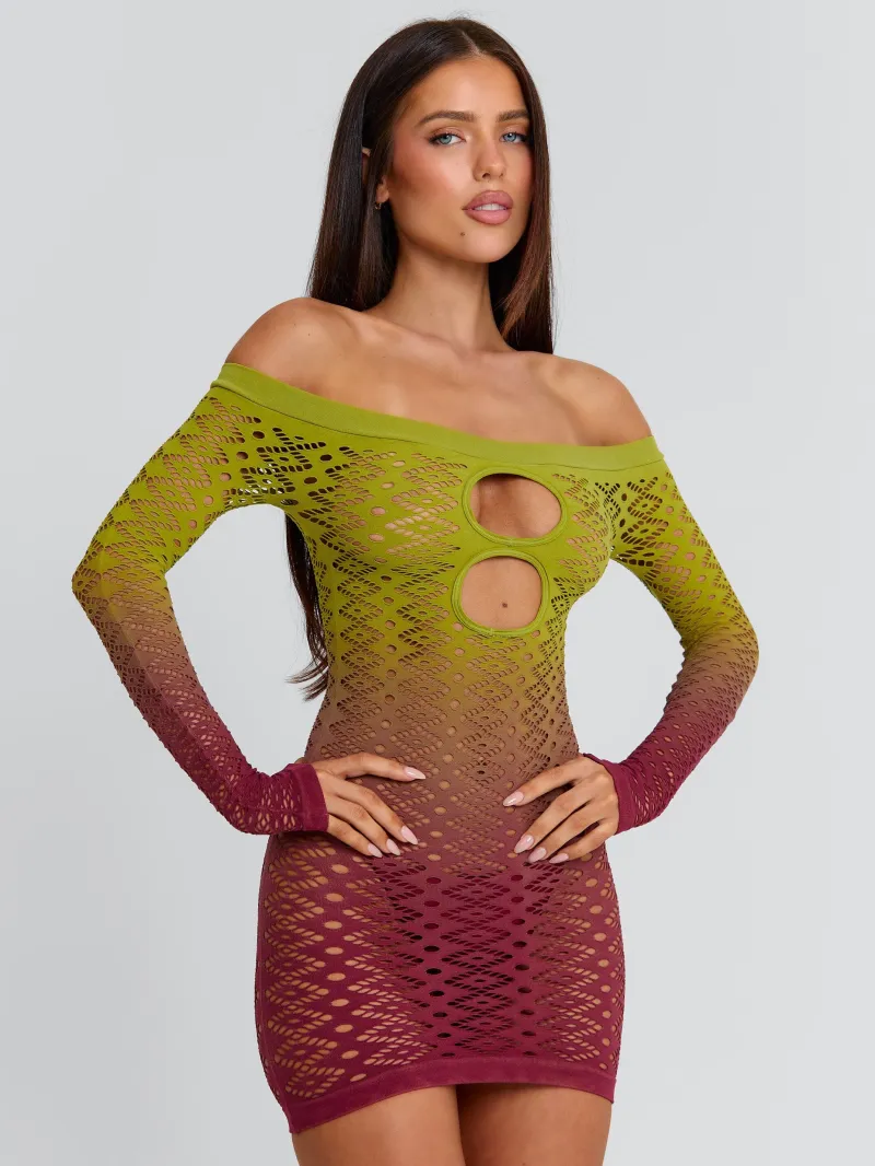 GREEN BURGUNDY CUTOUT SHEER MINI DRESS - Image 5