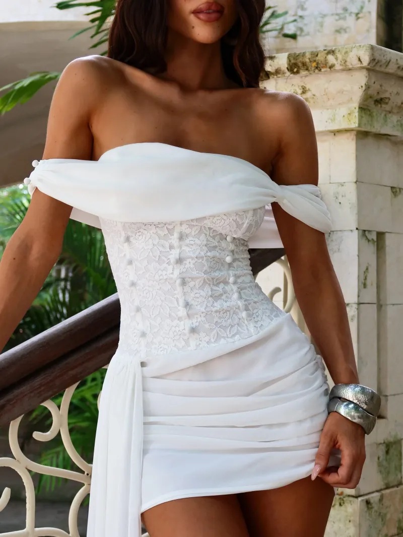 WHITE DRAPED GATHERED MINI DRESS - Image 4