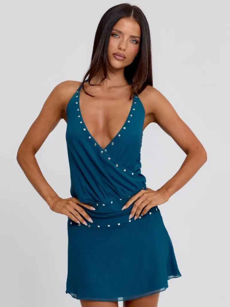 DEEP TEAL HALTER PLUNGE MINI DRESS