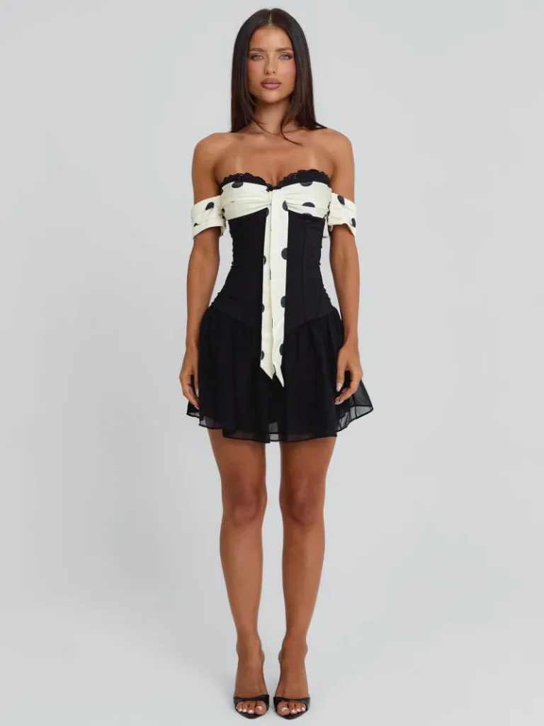 BLACK POLKA DOT STRAPLESS TIE DETAIL MINI DRESS