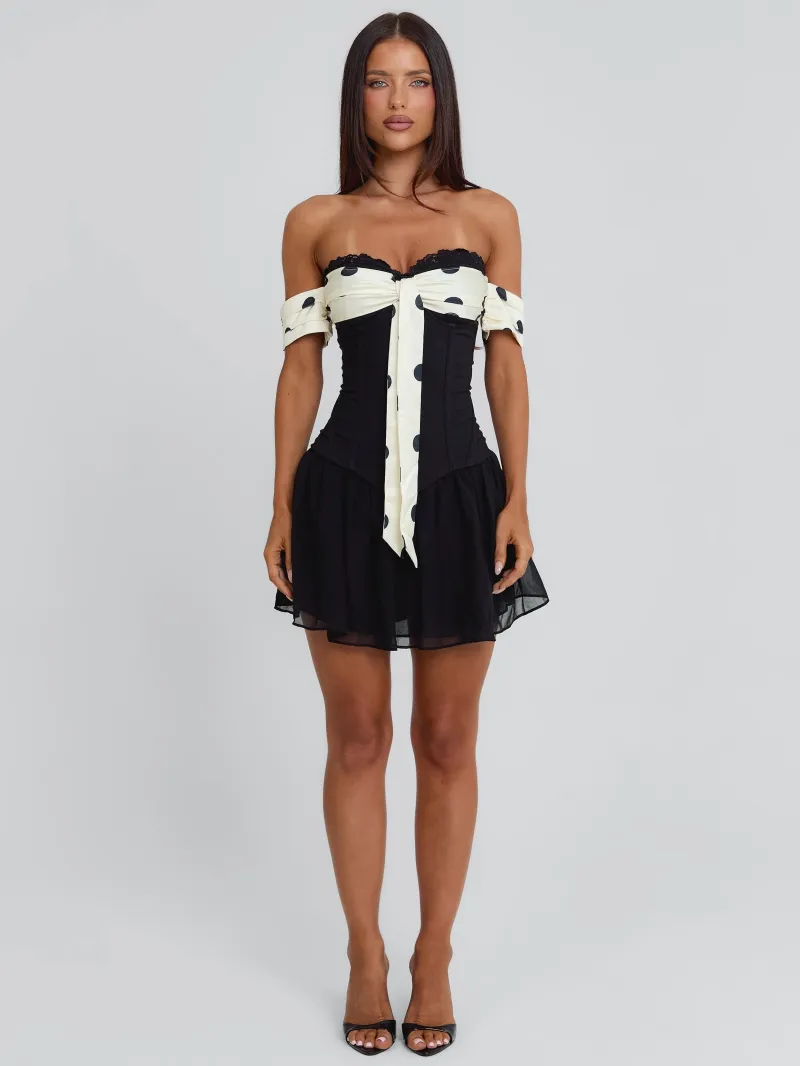 BLACK POLKA DOT STRAPLESS TIE DETAIL MINI DRESS