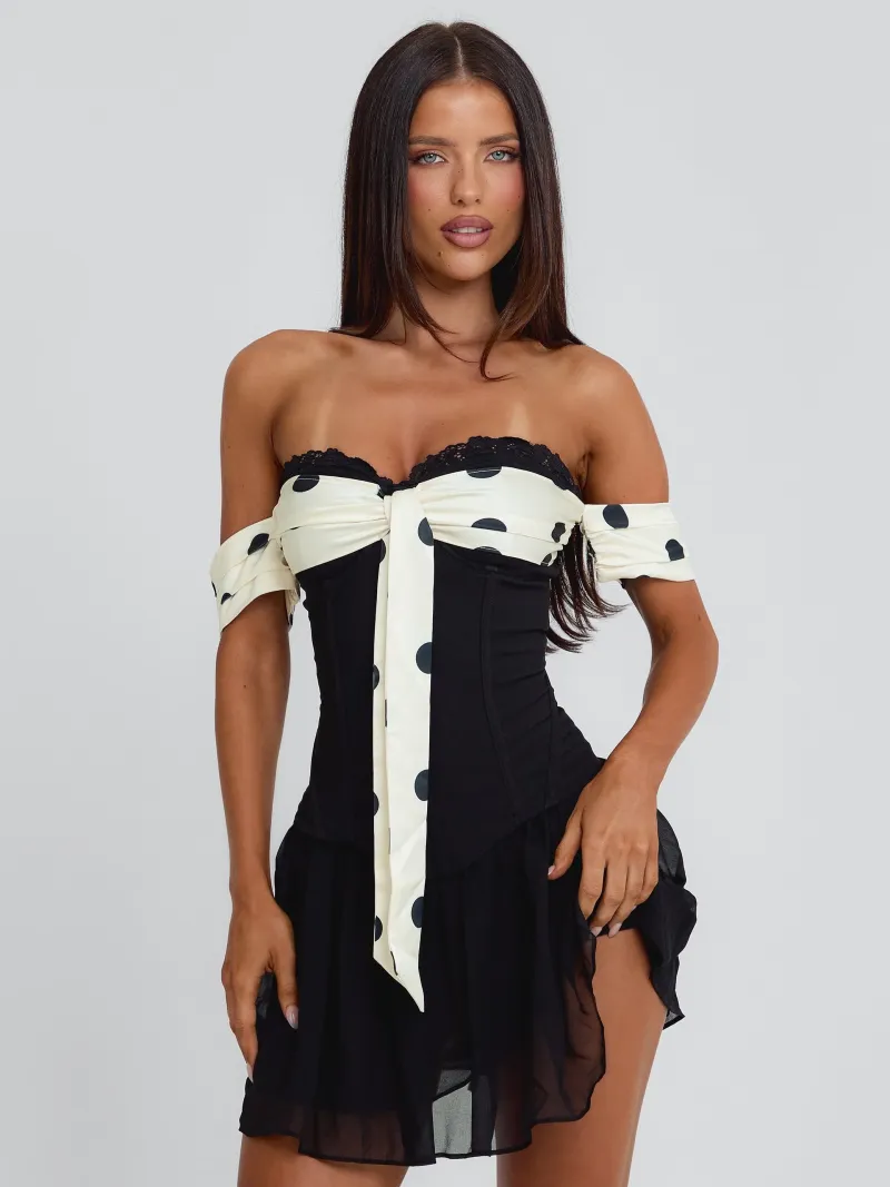 BLACK POLKA DOT STRAPLESS TIE DETAIL MINI DRESS - Image 2