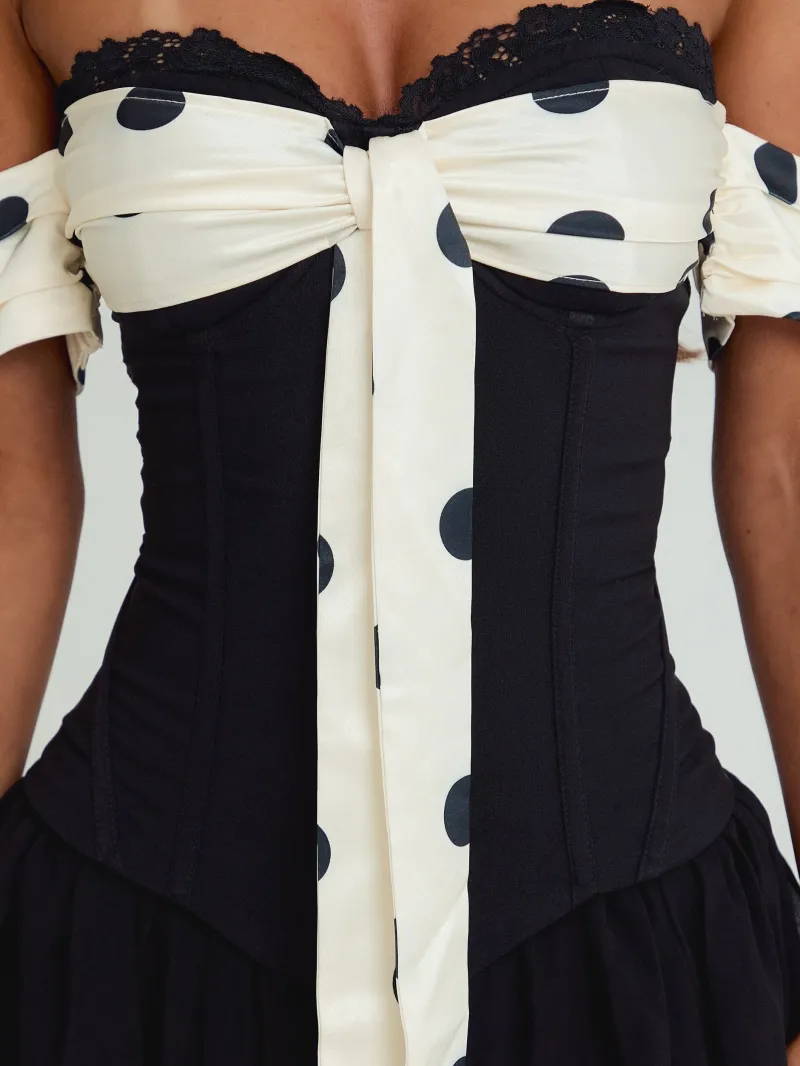 BLACK POLKA DOT STRAPLESS TIE DETAIL MINI DRESS - Image 4