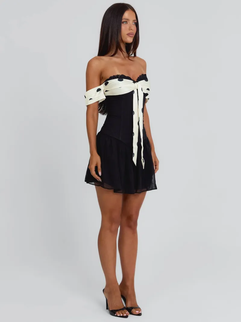 BLACK POLKA DOT STRAPLESS TIE DETAIL MINI DRESS - Image 5