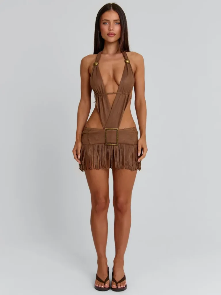 BROWN HALTER PLUNGE FRINGE MINI DRESS