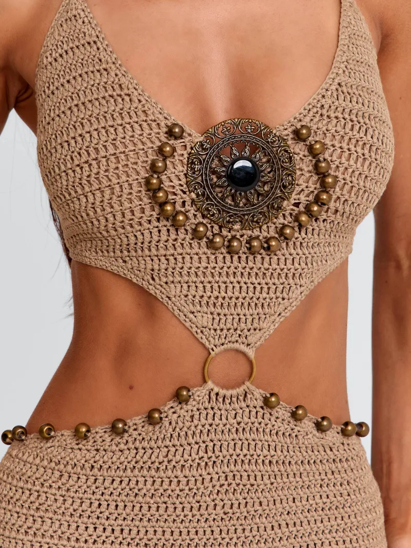 TAUPE HALTER BEADED MINI DRESS - Image 5